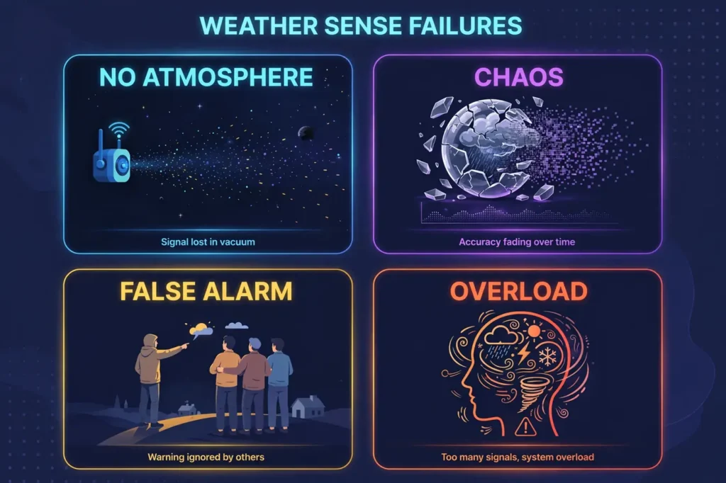Infographic: limits of weather forecasting, no atmosphere, chaos, false alarms, overload